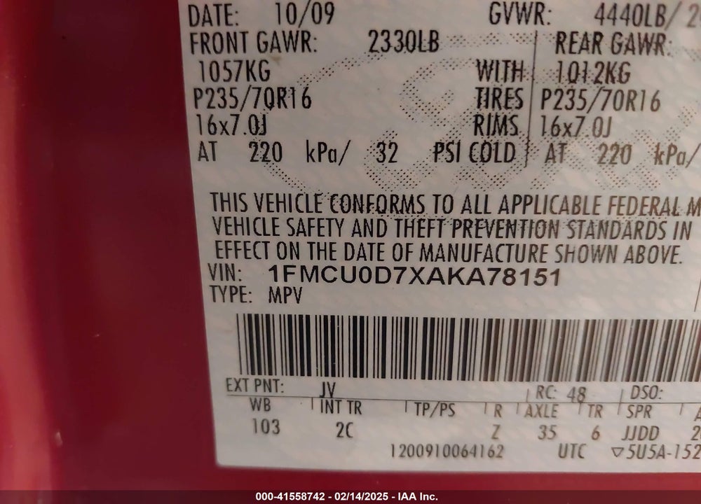 2010 FORD ESCAPE XLT VIN: 1FMCU0D7XAKA78151