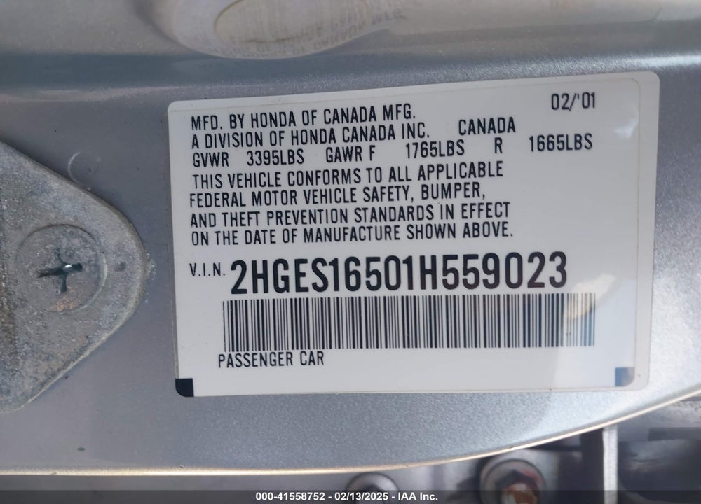 2001 HONDA CIVIC LX VIN: 2HGES16501H559023