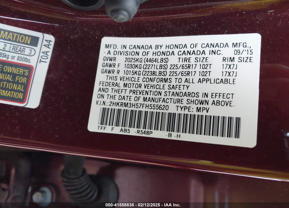2015 HONDA CR-V VIN: 2HKRM3H57FH555620