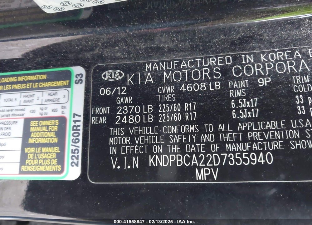 2013 KIA SPORTAGE VIN: KNDPBCA22D7355940