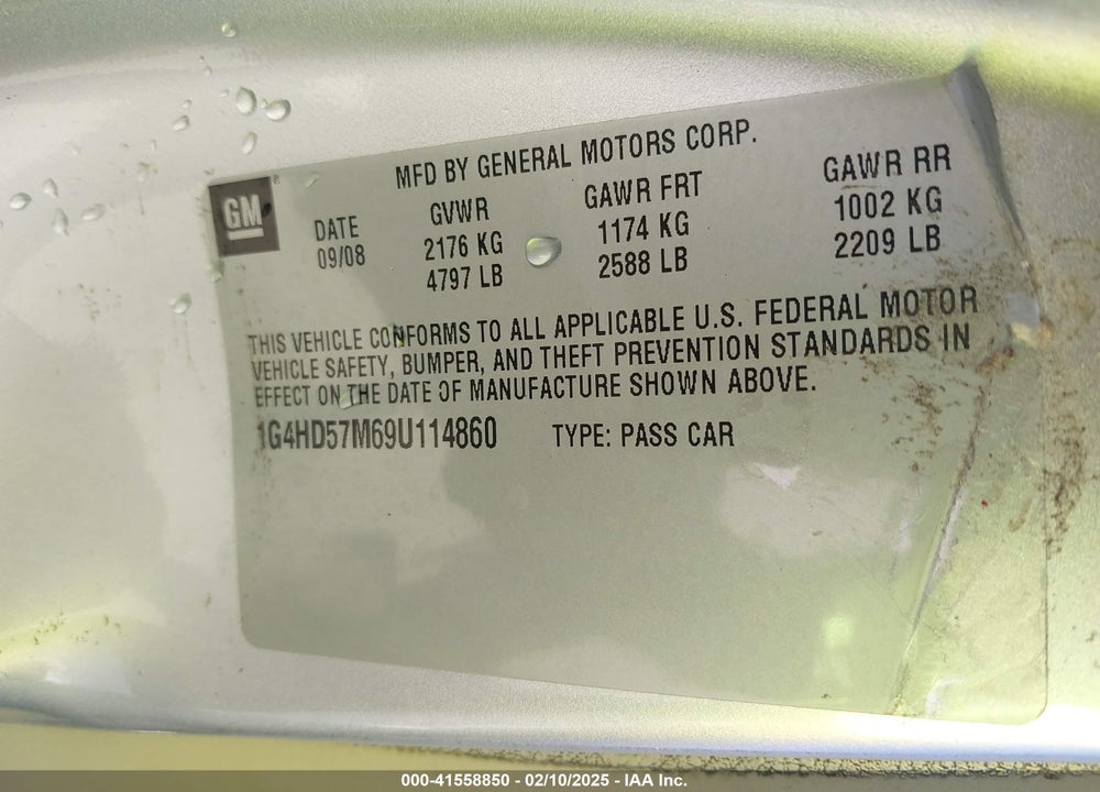 2009 BUICK LUCERNE VIN: 1G4HD57M69U114860