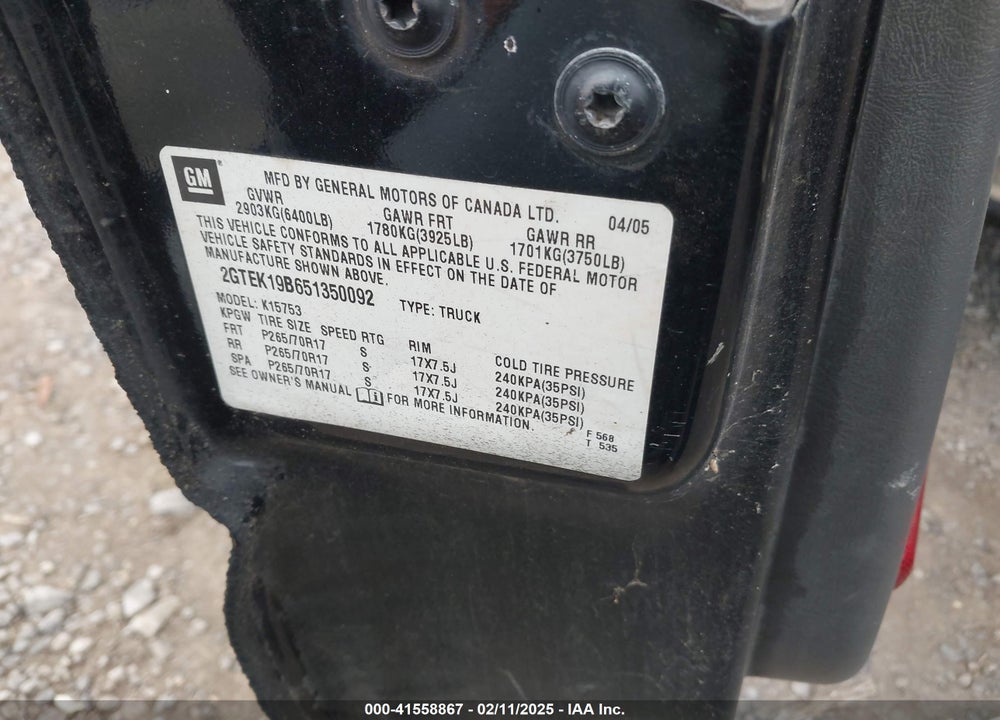 2005 GMC SIERRA 1500 WORK TRUCK VIN: 2GTEK19B651350092