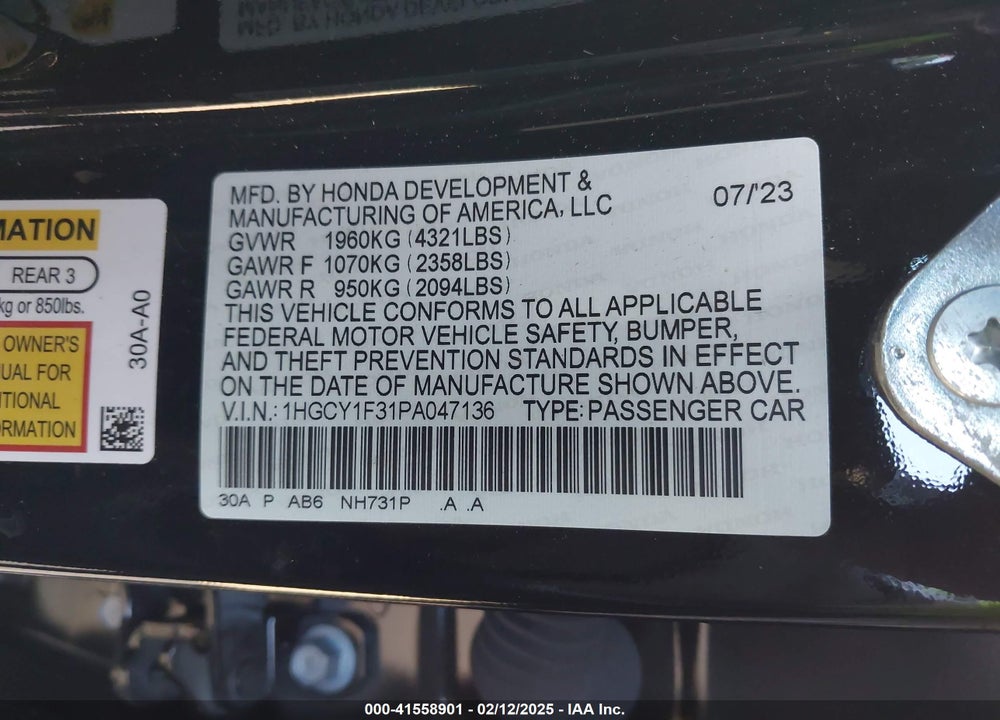 2023 HONDA ACCORD VIN: 1HGCY1F31PA047136