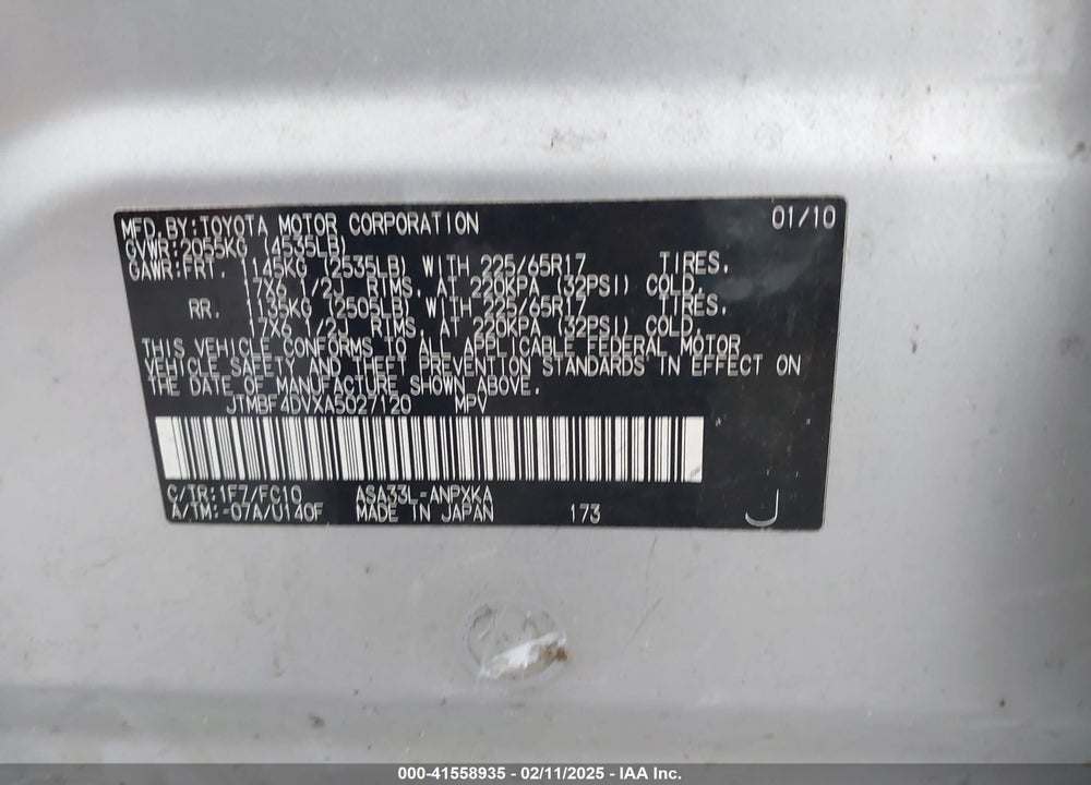 2010 TOYOTA RAV4 VIN: JTMBF4DVXA5027120