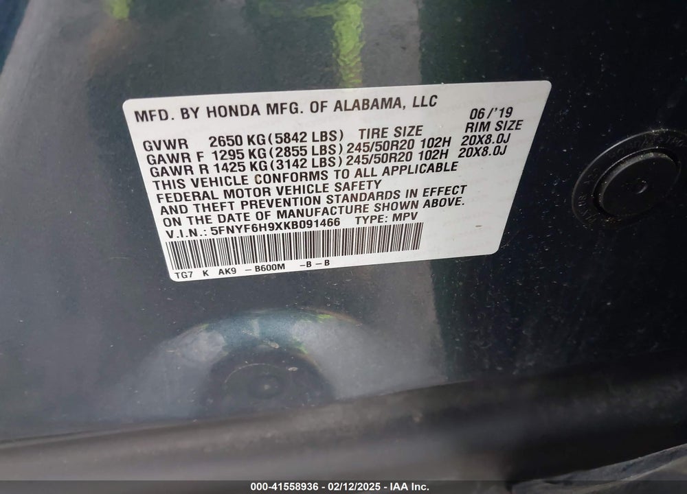 2019 HONDA PILOT TOURING VIN: 5FNYF6H9XKB091466