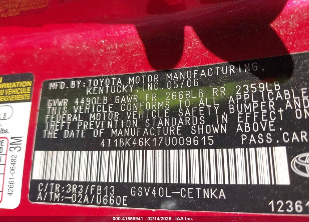 2007 TOYOTA CAMRY LE V6 VIN: 4T1BK46K17U009615