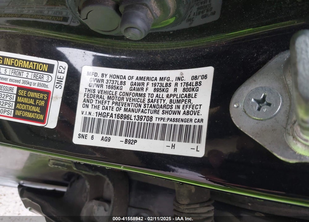 2006 HONDA CIVIC VIN: 1HGFA16896L139708