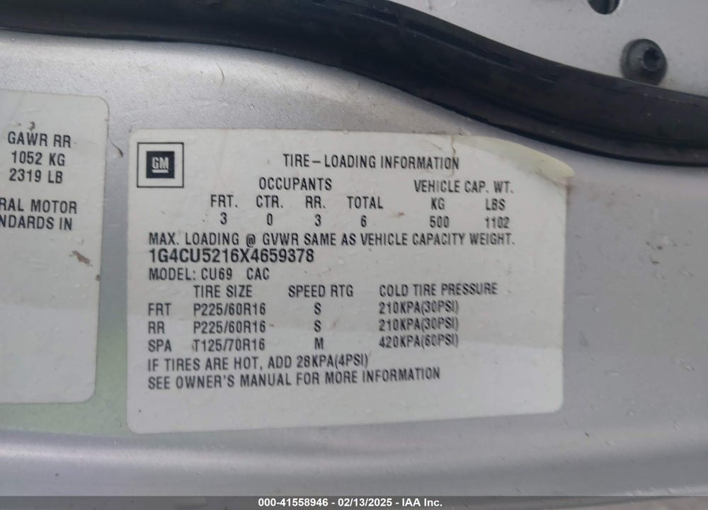 1999 BUICK PARK AVENUE ULTRA VIN: 1G4CU5216X4659378