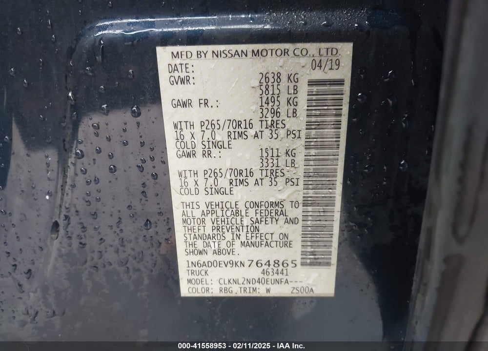 2019 NISSAN FRONTIER SV VIN: 1N6AD0EV9KN764865