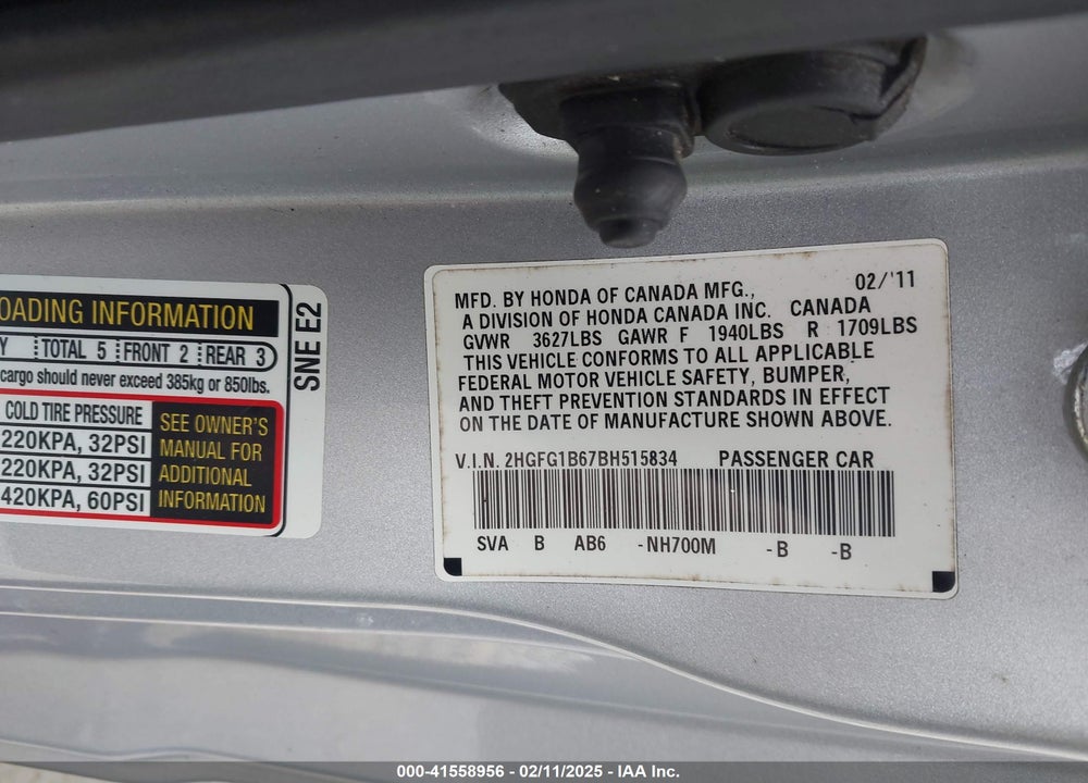 2011 HONDA CIVIC LX VIN: 2HGFG1B67BH515834