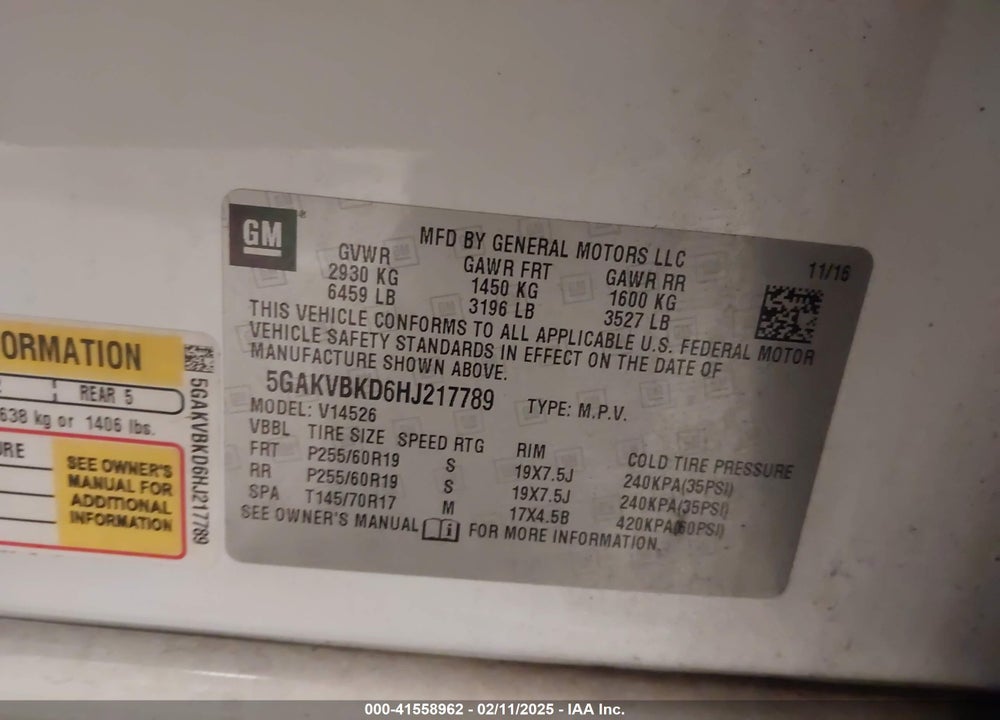 2017 BUICK ENCLAVE VIN: 5GAKVBKD6HJ217789