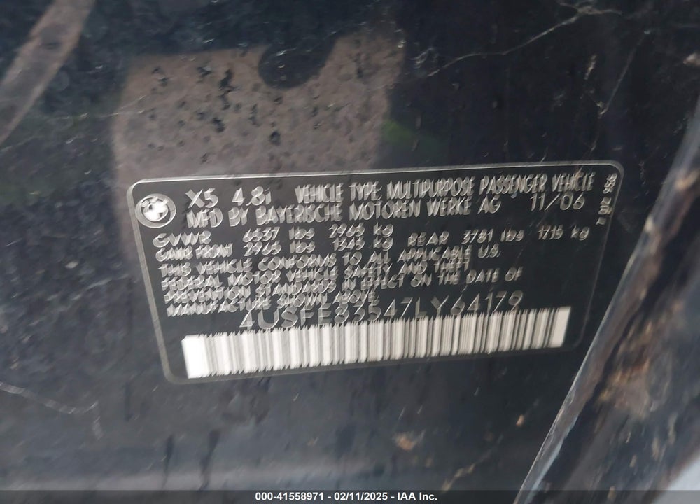 2007 BMW X5 4.8I VIN: 4USFE83547LY64179