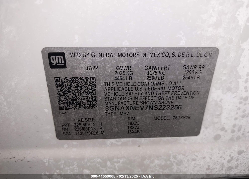 2022 CHEVROLET EQUINOX FWD PREMIER VIN: 3GNAXNEV7NS223256