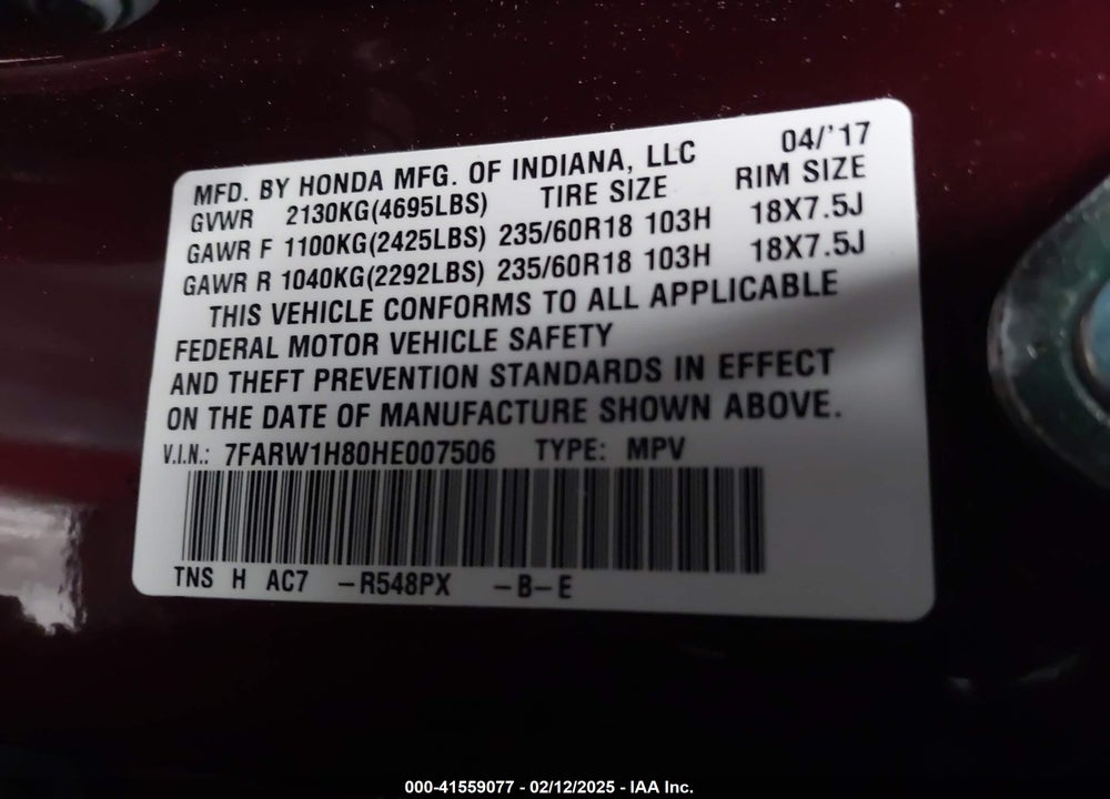 2017 HONDA CR-V VIN: 7FARW1H80HE007506