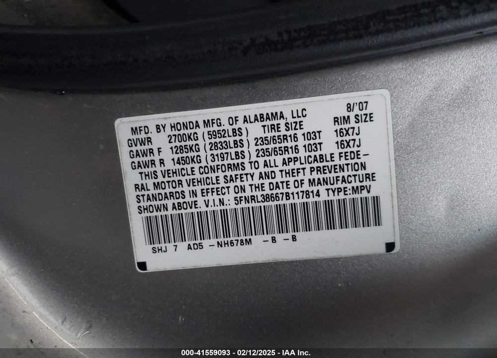 2007 HONDA ODYSSEY EX-L VIN: 5FNRL38667B117814