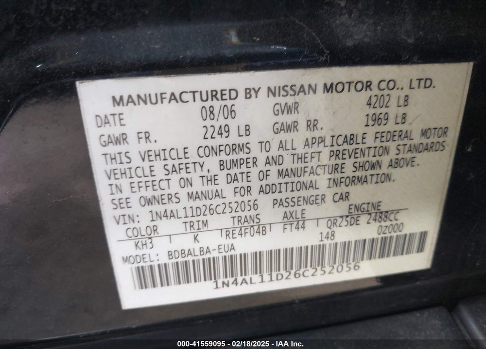 2006 NISSAN ALTIMA VIN: 1N4AL11D26C252056