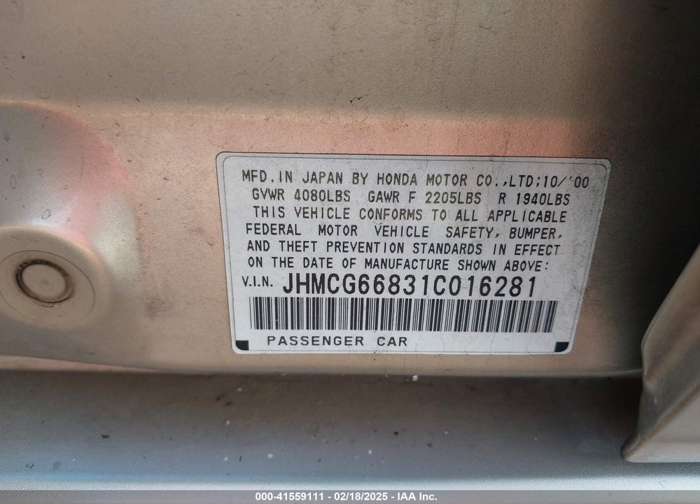 2001 HONDA ACCORD 2.3 EX VIN: JHMCG66831C016281