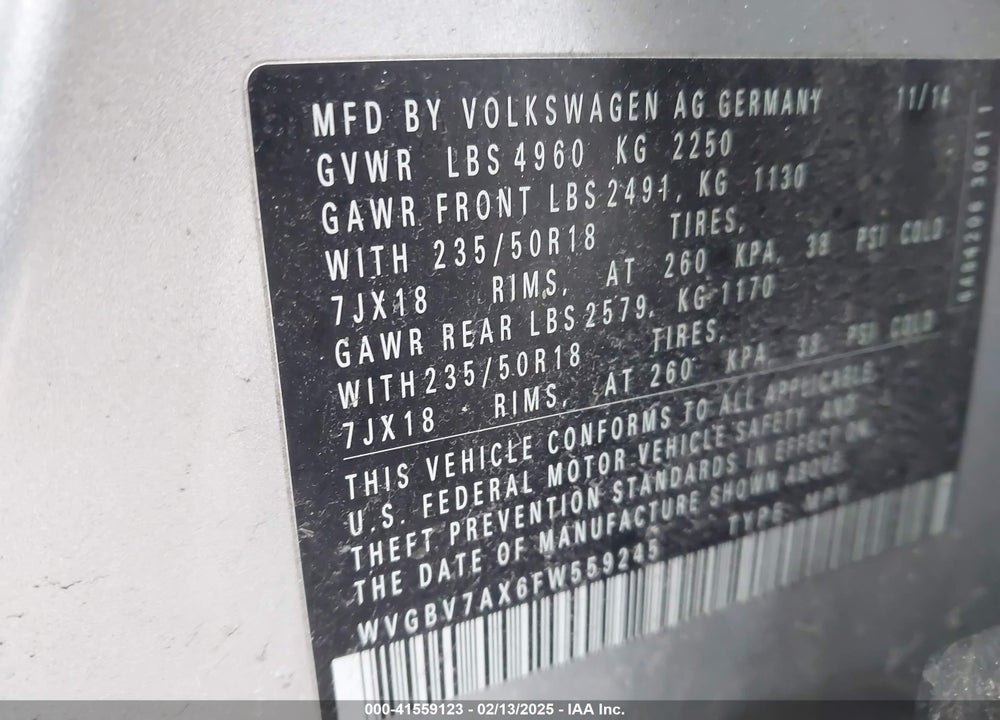2015 VOLKSWAGEN TIGUAN VIN: WVGBV7AX6FW559245