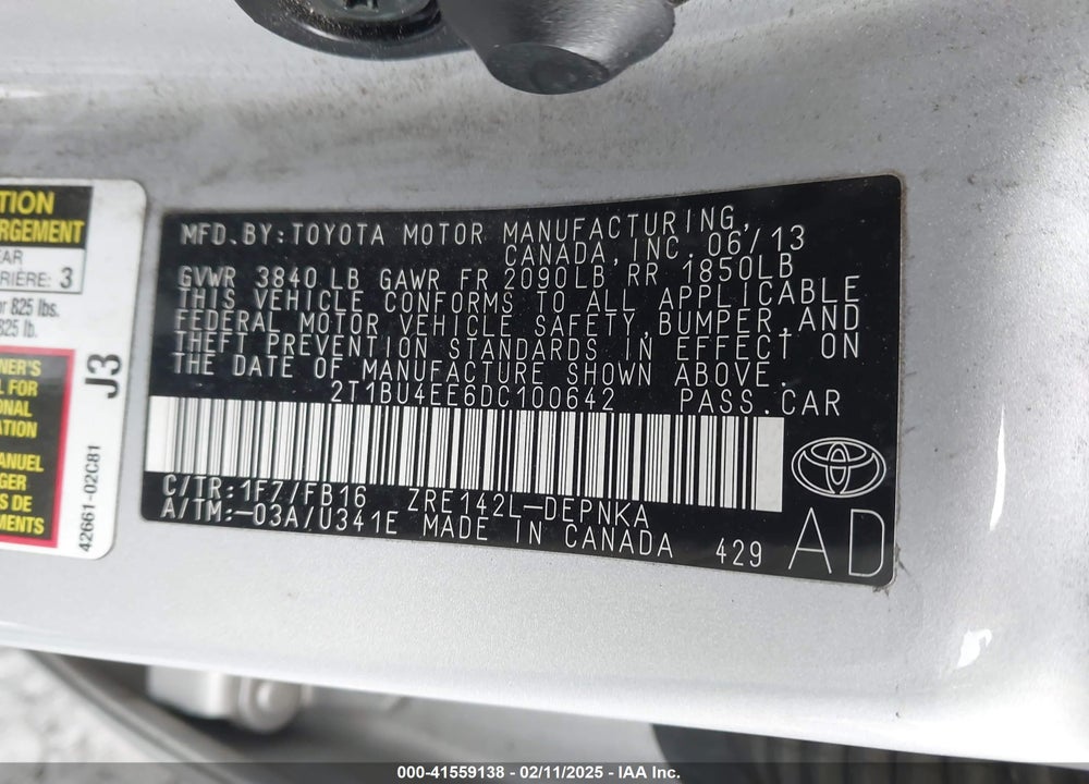 2013 TOYOTA COROLLA LE VIN: 2T1BU4EE6DC100642