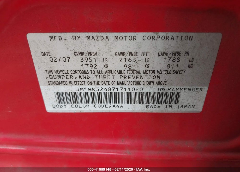 2007 MAZDA MAZDA3 VIN: JM1BK324871711020