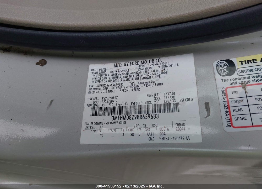 2008 MERCURY MILAN VIN: 3MEHM08Z98R659683
