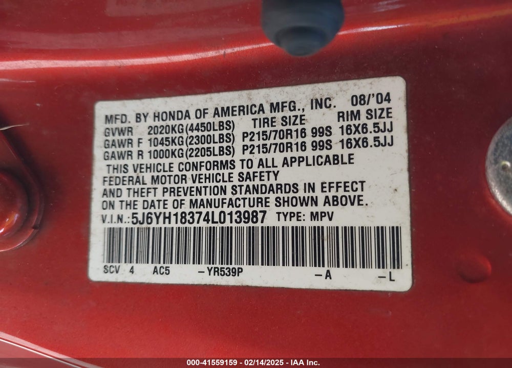 2004 HONDA ELEMENT LX VIN: 5J6YH18374L013987