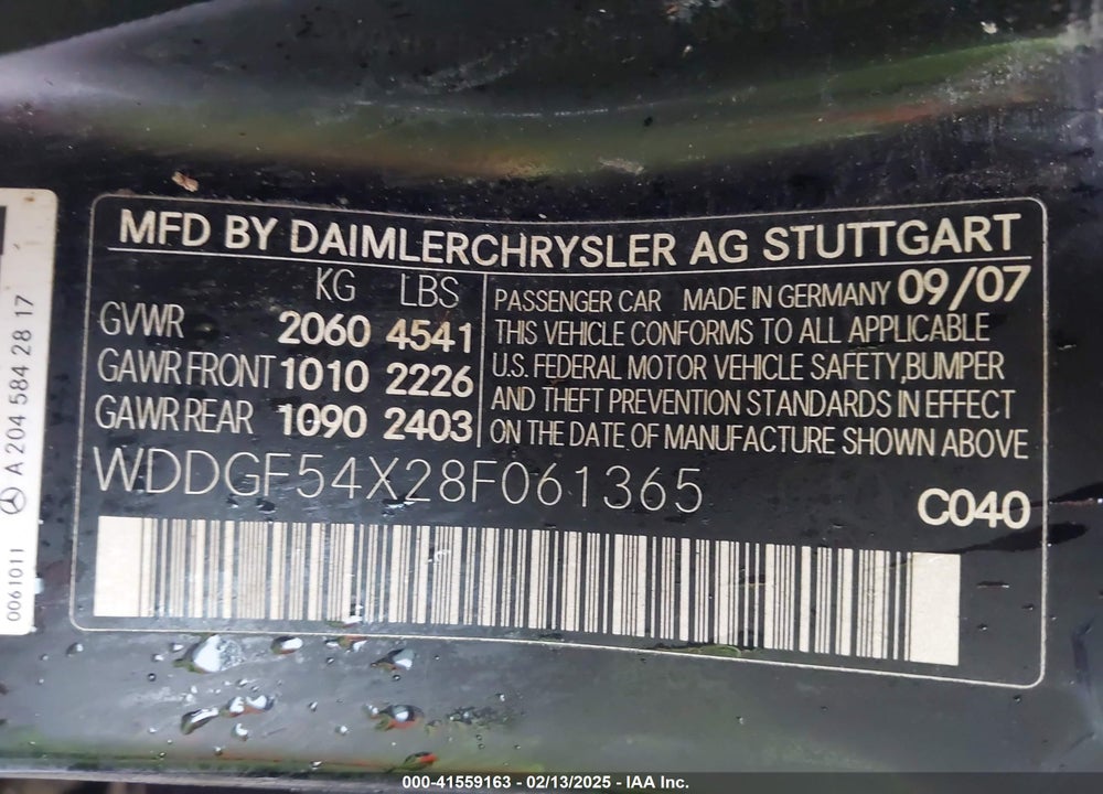 2008 MERCEDES C300 VIN: WDDGF54X28F061365