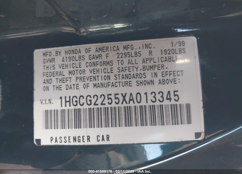 1999 HONDA ACCORD EX V6 VIN: 1HGCG2255XA013345