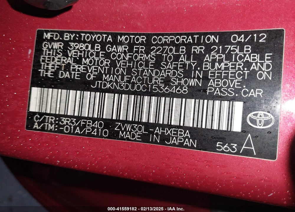 2012 TOYOTA PRIUS VIN: JTDKN3DU0C1536468