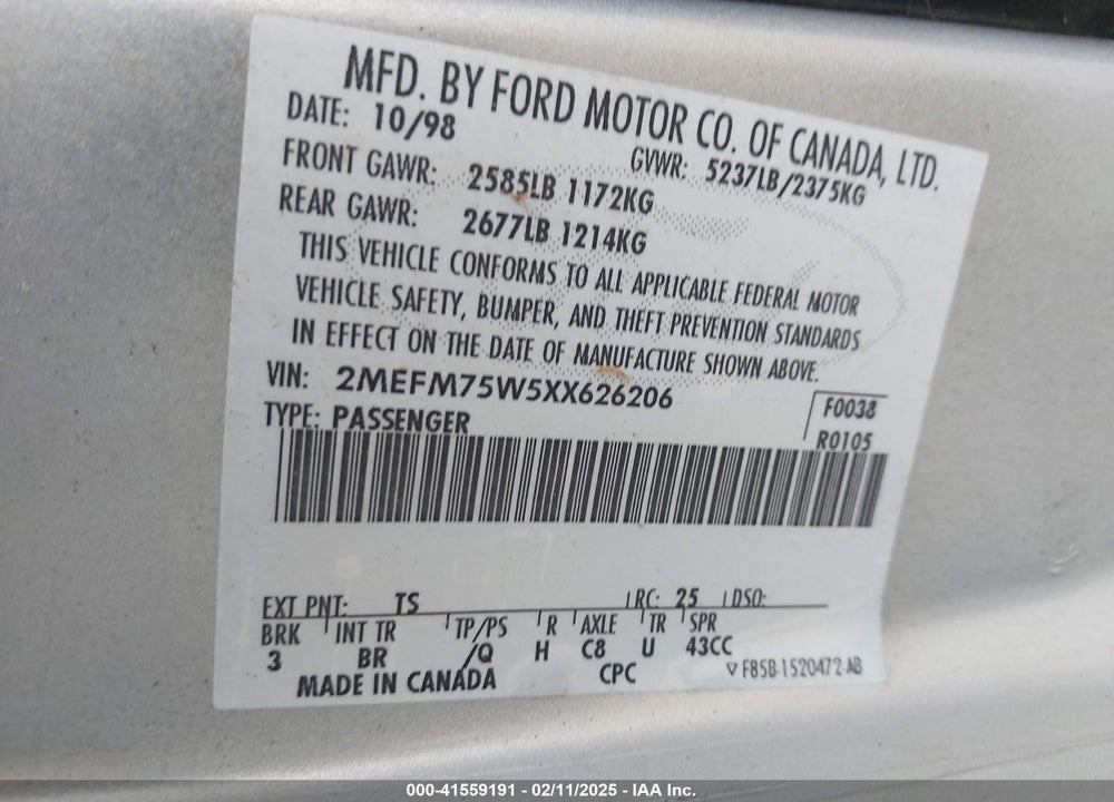 1999 MERCURY GRAND MARQUIS LS VIN: 2MEFM75W5XX626206