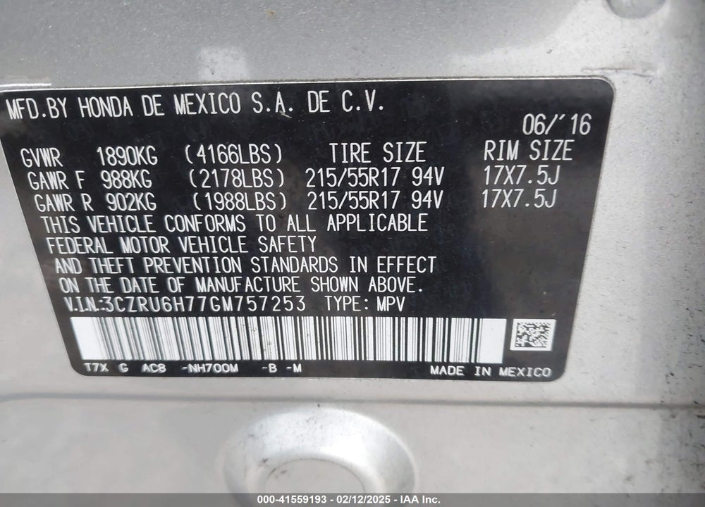 2016 HONDA HR-V EX-L VIN: 3CZRU6H77GM757253