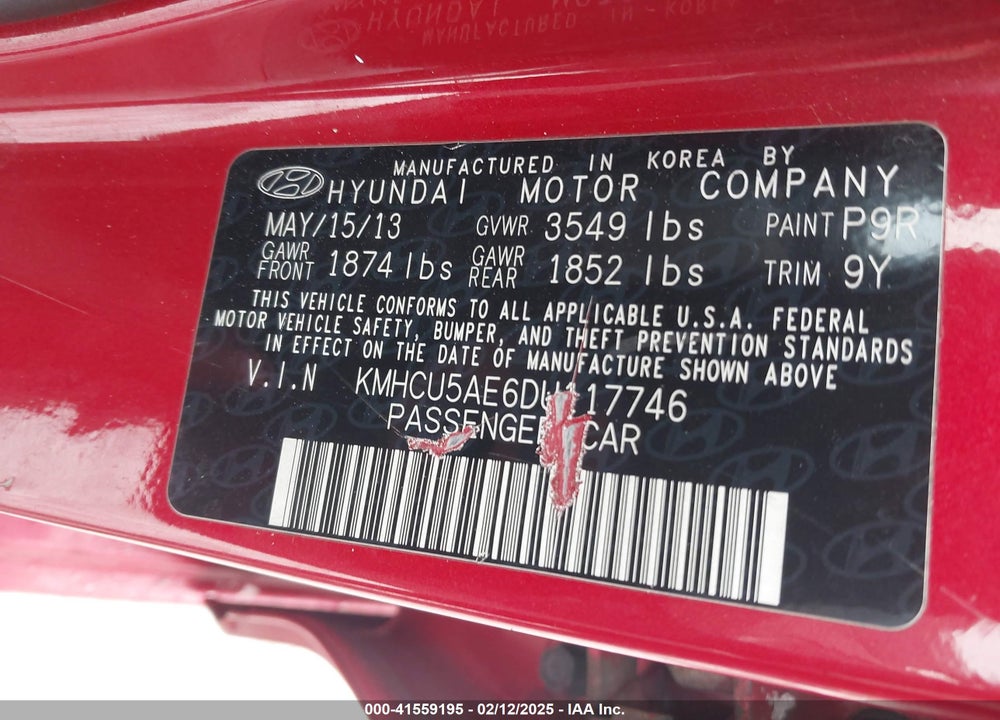 2013 HYUNDAI ACCENT VIN: KMHCU5AE6DU117746