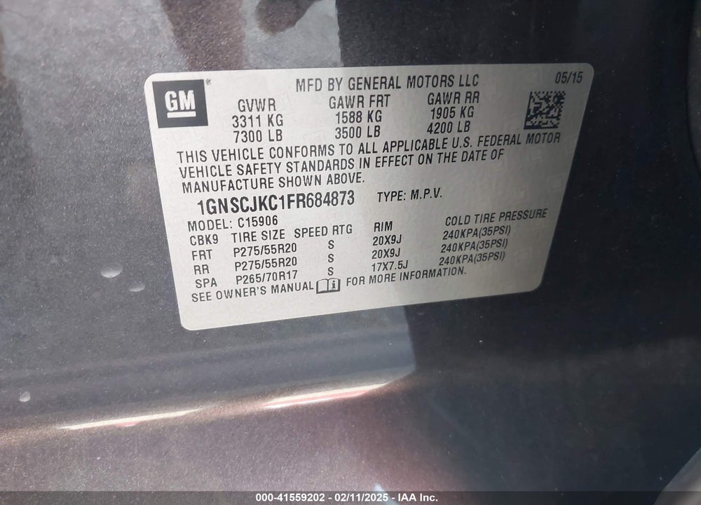 2015 CHEVROLET SUBURBAN 1500 LT VIN: 1GNSCJKC1FR684873