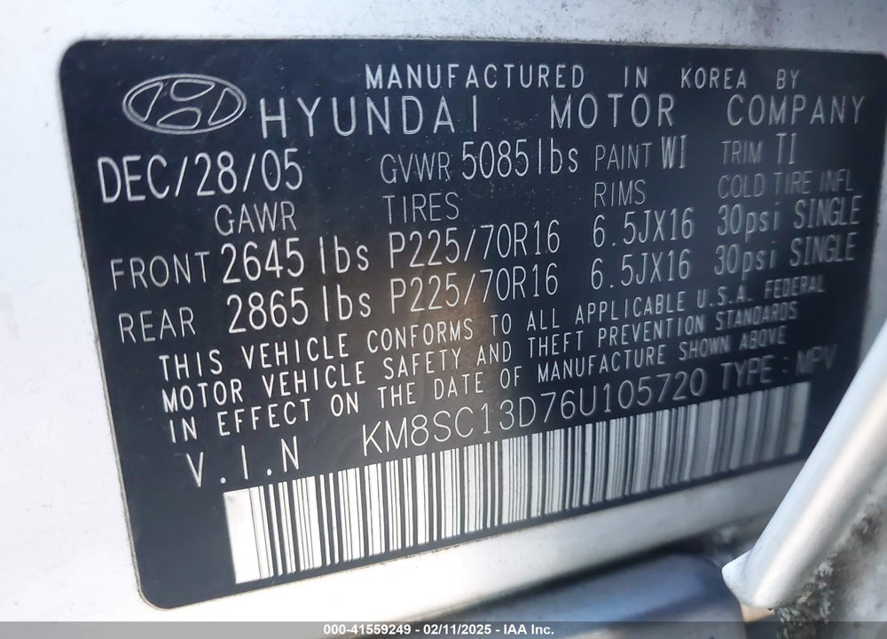 2006 HYUNDAI SANTA FE VIN: KM8SC13D76U105720