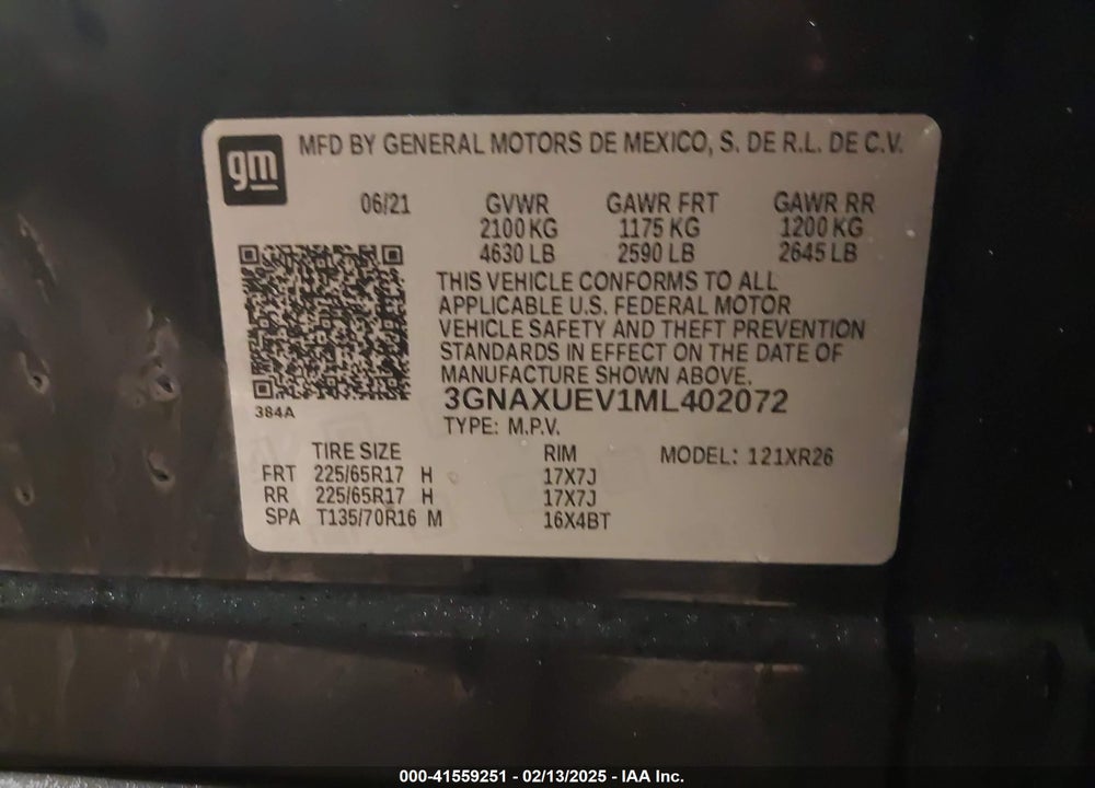 2021 CHEVROLET EQUINOX AWD LT VIN: 3GNAXUEV1ML402072