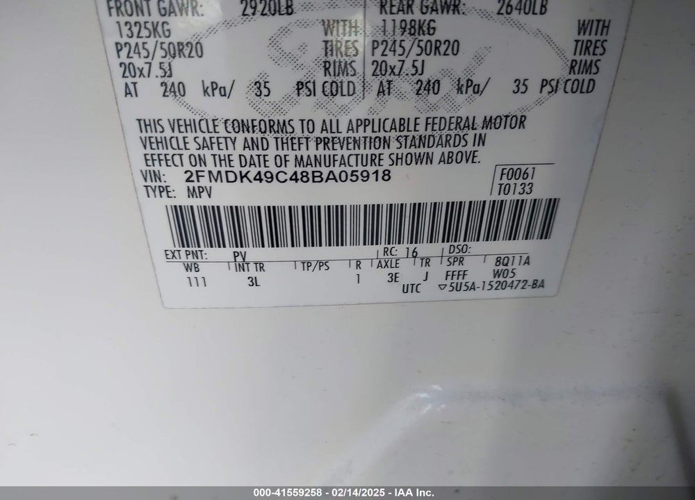 2008 FORD EDGE LIMITED VIN: 2FMDK49C48BA05918