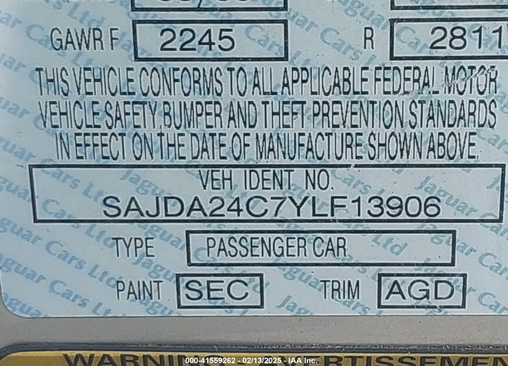 2000 JAGUAR XJ8 VANDEN PLAS VIN: SAJDA24C7YLF13906