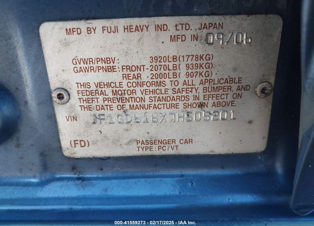 2007 SUBARU IMPREZA VIN: JF1GD616X7H505201