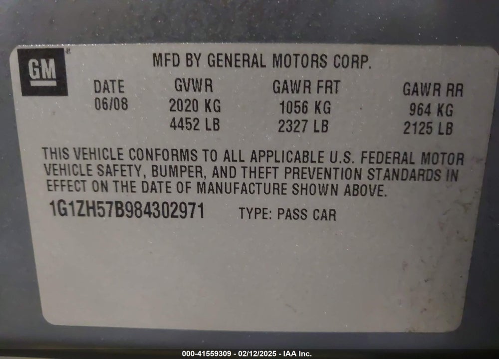 2008 CHEVROLET MALIBU LT VIN: 1G1ZH57B984302971