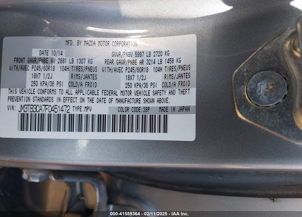 2015 MAZDA CX-9 VIN: JM3TB3CA7F0451472