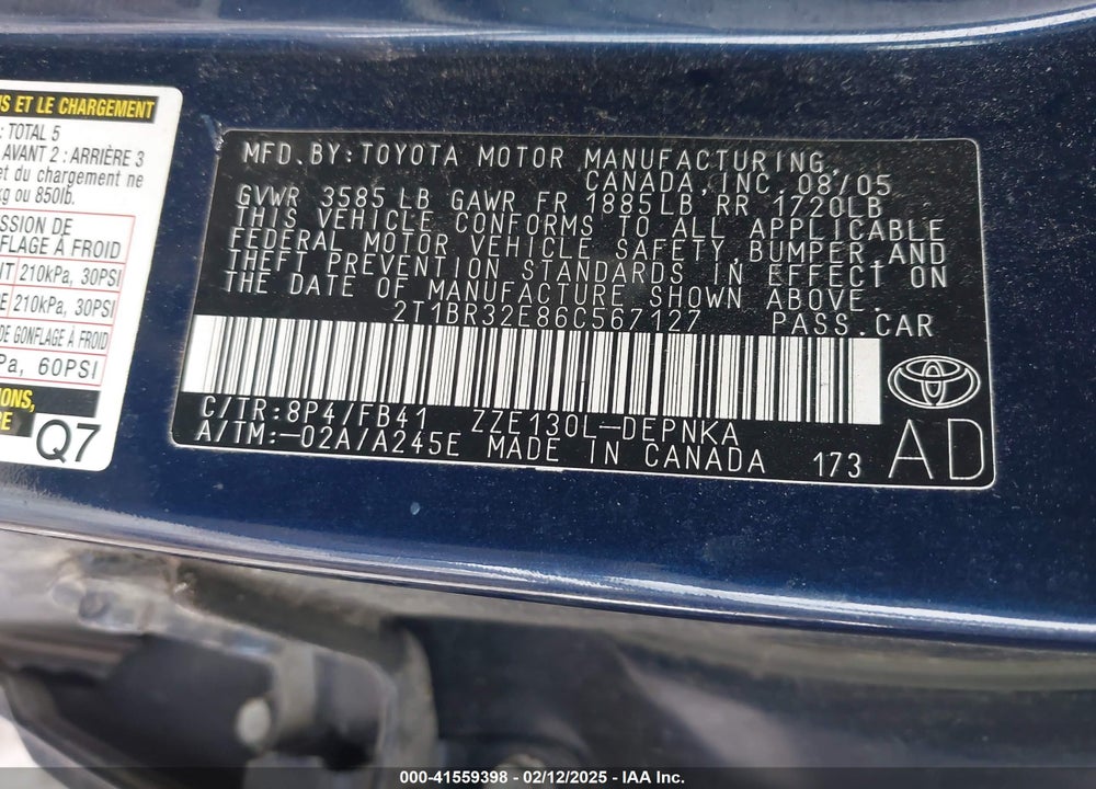 2006 TOYOTA COROLLA LE VIN: 2T1BR32E86C567127