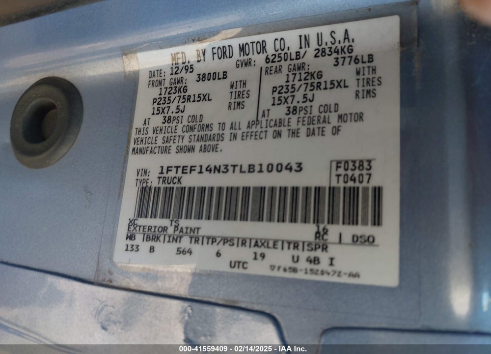 1996 FORD F150 VIN: 1FTEF14N3TLB10043