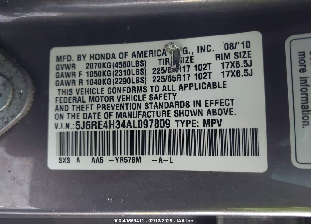 2010 HONDA CR-V LX VIN: 5J6RE4H34AL097809