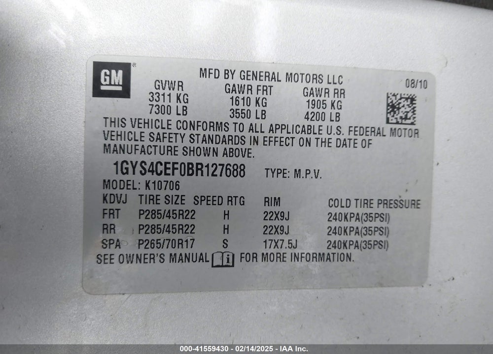 2011 CADILLAC ESCALADE PREMIUM VIN: 1GYS4CEF0BR127688