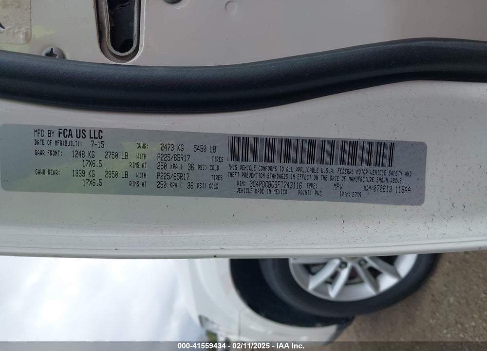 2015 DODGE JOURNEY VIN: 3C4PDCBG3FT743116