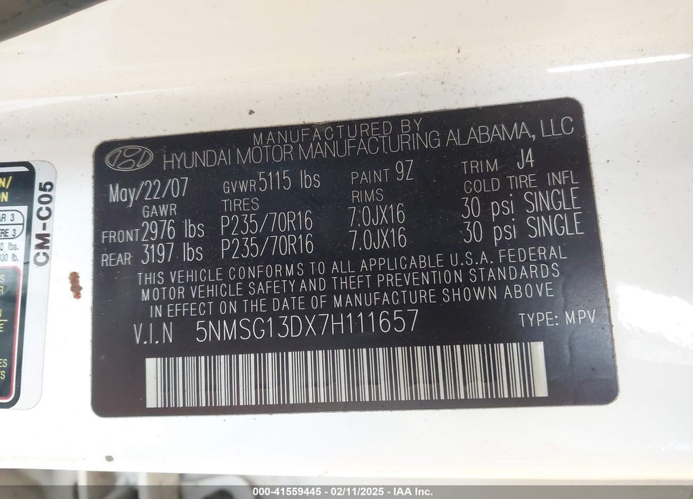 2007 HYUNDAI SANTA FE GLS VIN: 5NMSG13DX7H111657