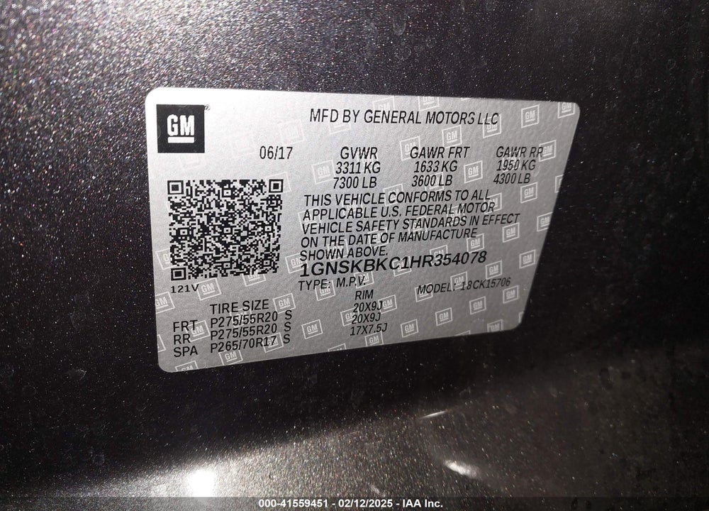 2017 CHEVROLET TAHOE LT VIN: 1GNSKBKC1HR354078