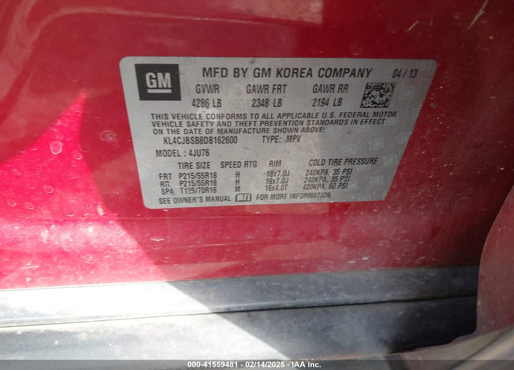 2013 BUICK ENCORE VIN: KL4CJBSB8DB162600