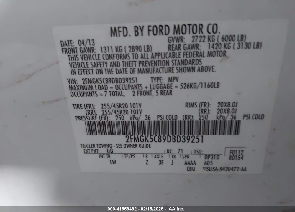 2013 FORD FLEX SEL VIN: 2FMGK5C89DBD39251