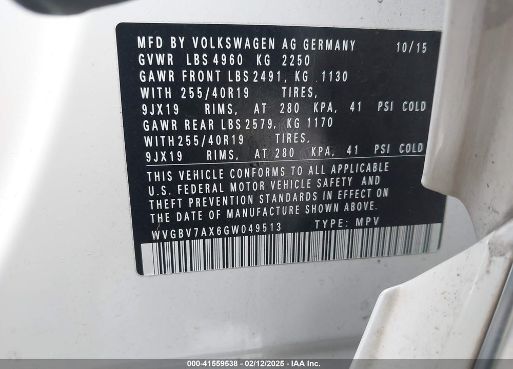 2016 VOLKSWAGEN TIGUAN R-LINE VIN: WVGBV7AX6GW049513